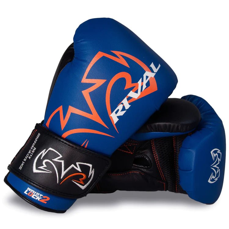 Rival RS11V blue sparring gloves with 15° angled cuff for superior wrist support and comfort.